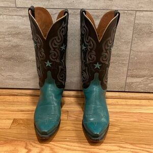 Lucchese Blue and Black Heeled Boots with Intricate Stitching